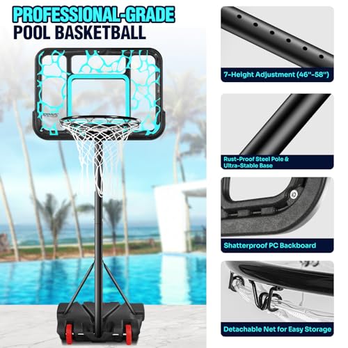 Pool Basketball Hoop 7-Height Adjustable Swimming Pool Basketball - Water Basketball Goals System with PC Shatterproof Backboard & 2 Balls, Outdoor Pool Accessories, Portable Basketball Hoop with LED