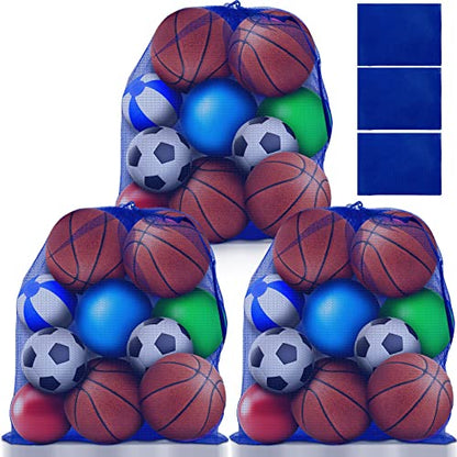 Woanger 3 Pcs Thickened Extra Large Sports Ball Bag Mesh Soccer Net Ball Bag Drawstring Bags Team Work for Holding Basketball, Volleyball, Baseball with Shoulder Strap, 35.4 x 27.5 Inch - color: Royal Blue