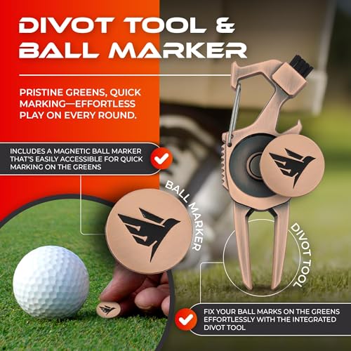 SWIFTEE Golf Divot Pitch Mark Repair Tool 7-in-1 - Club Holder, Brush, Clip Buckle, Groove Cleaner, Bottle Opener, Ball Marker, Divot Tool - Gift Box Included - color: Matte Black
