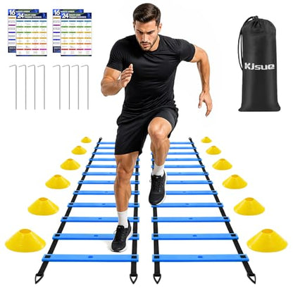 2 Pack 20ft Agility Ladder Set, 40ft Total Adjustable Speed Ladder with 12 Cones, 8 Stakes, 1 Carry Bag - Parallel Footwork Drills Gear for Football Soccer Basketball Training Equipment - color: Blue