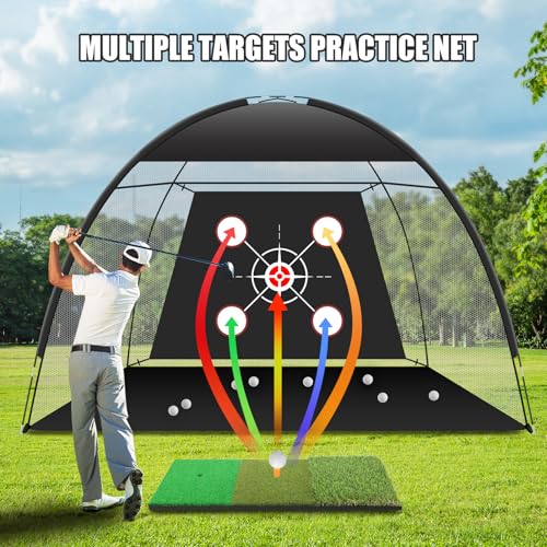 Golf Net Practice 10x7ft with Tri-Turf Mat & Real Balls Set Indoor Outdoor Golf Training Equipment for Backyard Driving Practice Enthusiast Gifts
