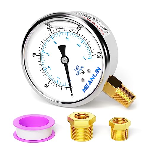 0~100Psi Stainless Steel 1/4" NPT 2.5" FACE DIAL Liquid Filled Pressure Gauge WOG Water Oil Air Lower Mount, with 1/2" NPT and 3/8" NPT Hex Bushing