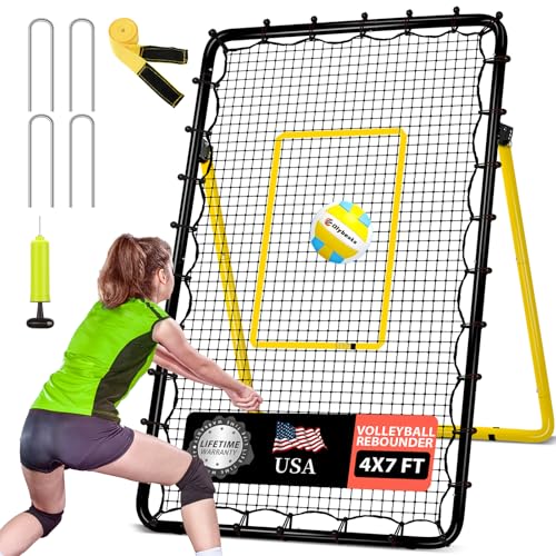 6-Angle Adjustable Volleyball Rebounder Net 7x4 ft with PU Volleyball and Stakes - Bounce Back Training Equipment for Practicing Volleying, Bumping, Spiking, Easy Set Up & Steady for Multi Sports - color: Black and Yellow