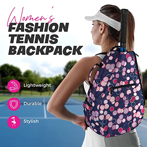 Womens Tennis Backpack - Taboo Fashions Ladies Tennis Bag Holds Two Racquets, Padded Straps and Side Carry Handle - color: Navy Blue, Pink, Purple, White, Polka Dots