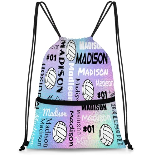 Custom Volleyball Style Drawstring Bag, Personalized Sports Ball Backpack Drawstring Sack Cinch Bags for Team Gift Party Favors, Rainbow Glitter Theme - color: Colourful