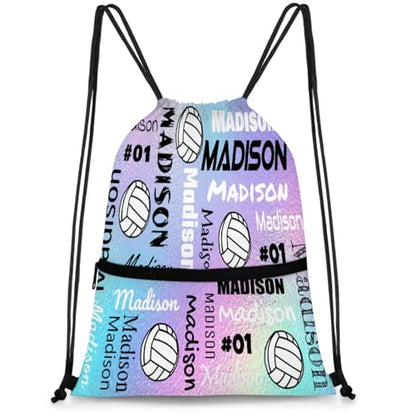 Custom Volleyball Style Drawstring Bag, Personalized Sports Ball Backpack Drawstring Sack Cinch Bags for Team Gift Party Favors, Rainbow Glitter Theme - color: Colourful