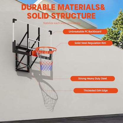 Adjustable Wall Mounted Basketball Hoop – 48 Inch Shatterproof PC Backboard, 8-10 FT Height, 18 Inch Sturdy Steel Rim, Indoor & Outdoor Basketball Goal for Home, Garage, or Gym