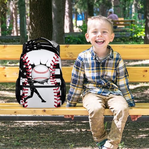 Mercuryelf Kids Backpack – Baseball School Bookbag for Boys and Teens, American Flag School Backpack for Preschool Kindergarten Elementary Students, 17 Inch - color: Black