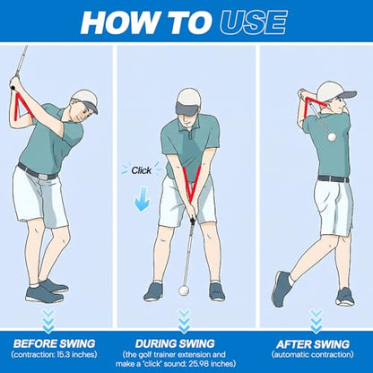 5-in-1 Retractable Golf Swing Trainer – Right/Left-Handed Golf Training Aid with Arm Band Swing Mechanics for Beginners & Tempo Training for Advanced, Click Feedback, Arm Connection