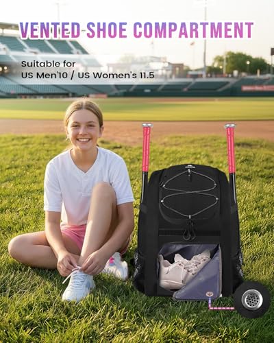 MATEIN Softball Bag, Lightweight Baseball Backpack with Shoe Compartment, Baseball Bag with Fence Hook for TBall Bat & Equipment, Softball Gifts Catchers Backpack for Women Fit Catcher’s Mitt, Helmet - color: Black - Large