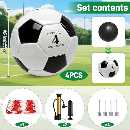 4 Pack Soccer Balls Size 5/4/3 Bulk with Pump, Carry Net, Needles - Pelota De Futbol Official Size Training Practice & Match Ball - Ideal Soccer & Birthday Gift - color: Black-White, size: Size 4