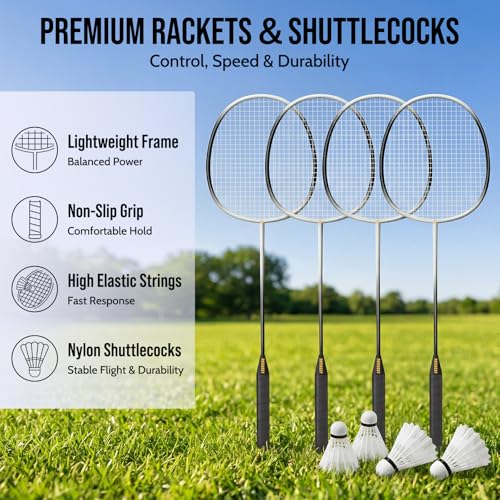 Badminton Set for Backyard, Outdoor Badminton Net with Anti-Sag Design, 4 Professional Badminton Rackets, 4 Shuttlecocks and Carry Bag for Lawn or Beach