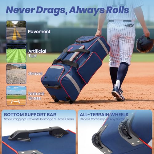 81L Rolling Baseball Bag with Wheels, Softball Catchers Gear Bags for 4 Bats (Fits Up To 34"), Separate Shoe Compartment, Safety Reflective Strip, Fence Hook, Foldable T-Bag for Youth & Adult - color: Blue