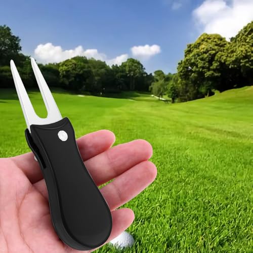 Foldable Golf Divot Tool, 2 Pack Stainless Steel Repair Tool with Pop-up Button and Magnetic Ball Marker for Men Women Golfer (Black)