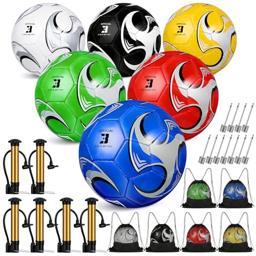 6 Pack Soccer Balls Size 5/4/3 Bulk – Includes Soccerball Drawstring Backpack, Needles, Ball Pump – Pelota De Futbol Official Size Training & Matches - size: 6 Pack- Size 3