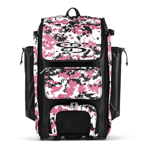 Boombah Catchers Superpack Hybrid Rolling Digital Camo Bat Bag - Multiple Colors - Wheeled & Backpack Version - color: Black/Pink