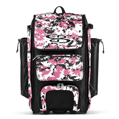 Boombah Catchers Superpack Hybrid Rolling Digital Camo Bat Bag - Multiple Colors - Wheeled & Backpack Version - color: Black/Pink