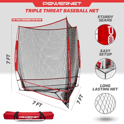 PowerNet Triple Threat Baseball Net, 3 Way 7' x 7' Batting, Hitting & Pitching Net Covers 147 Sq Ft, Softball Baseball Training Equipment, Baseball Practice Net - color: Red