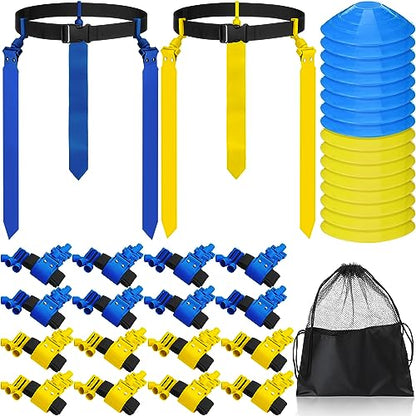 Wettarn 10/16 Player Flag Football Belts Adjustable Flag Football Set with Cones Bag for Youth Adults Kids Training Sport - color: Blue, Yellow