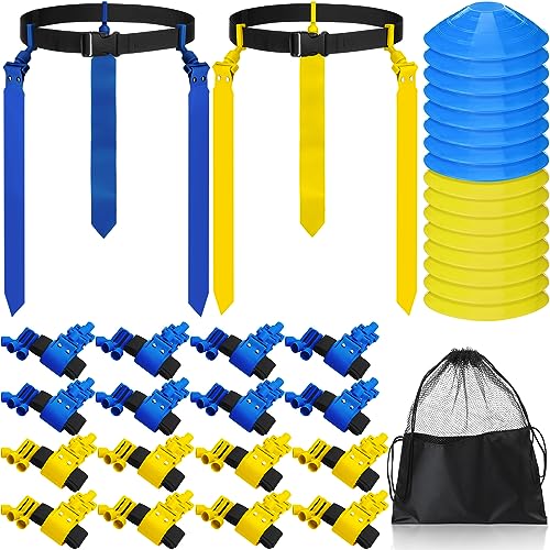 Wettarn 10/16 Player Flag Football Belts Adjustable Flag Football Set with Cones Bag for Youth Adults Kids Training Sport - color: Blue, Yellow