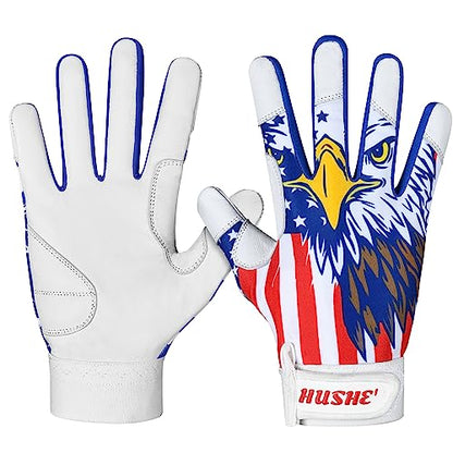 Hushe' American Flag Batting Gloves & Softball Gloves USA Flag Baseball Batting Gloves Youth Kids Baseball Batting Glove for Youth Men Adult & Unisex. - color: White Eagle, size: Adult X-Large