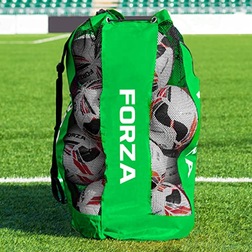 FORZA Premier Ball Carry Bag | Drawstring Soccer, Basketball, Netball & Volleyball Mesh Bag | 5 Color Options - Heavy Duty Equipment Holdall | 12 Ball Capacity - color: Green
