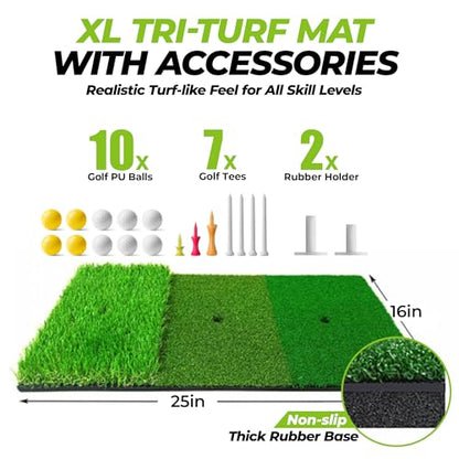 Golfguru All in 1 Golf Practice Net - 10x7ft with Pro Chipping Target, Tri-Turf Mat, 10 Balls, 7 Tees, 2 Rubber Tees, Carry Bag for Backyard Driving Chipping