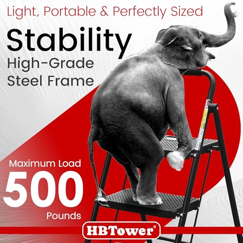 HBTower Step Ladder, Folding Step Stool with Wide Anti-Slip Pedal, Sturdy Steel Ladder, Convenient Handrail, Lightweight, Portable Steel Step Stool - color: Black, size: 3 Step Ladder