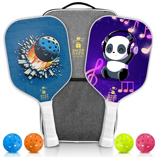Kids Pickleball Paddles (Set of 2), Child Size Paddles, Lightweight Honeycomb Core, Fiberglass Strike Face, 2 Youth Rackets with 4 Balls and Premium Zipper Bag - color: Blue and Purple
