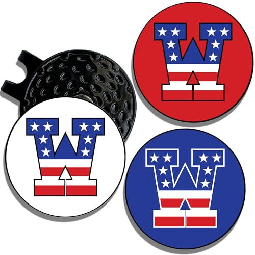 Wolf Golf Towels Golf Ball Marker Hat Clip | USA Monogram | 1 Magnetic Clip + 3 Ball Markers | Patriotic Golf Accessories for Men & Women - color: W - Red White & Blue