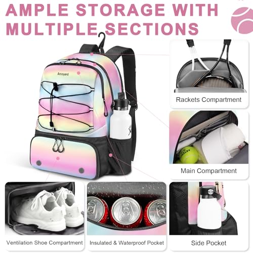Arcoyard Tennis Bag Holds 2 Rackets, Professional Tennis Bags for Women, Tennis Backpack with Ventilated Shoe Compartment - color: Pink and Blue