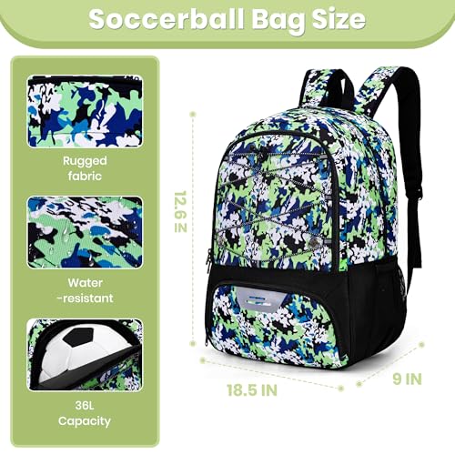 Hsmihair Youth Soccer Bag-Soccer Backpack&Backpack for Football Basketball,with Ball Compartment Separate Cleat Package - color: GreenCamo