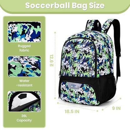 Hsmihair Youth Soccer Bag-Soccer Backpack&Backpack for Football Basketball,with Ball Compartment Separate Cleat Package - color: GreenCamo