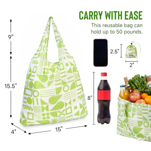 Stelle Lightweight Reusable Grocery Bag with Handles Ripstop Nylon Foldable Tote Shopping Bags for Travel and Groceries - color: Green Geometry