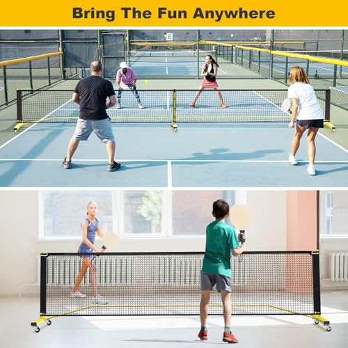 Portable Pickleball Net with Wheels, Regulation Size 22 FT & Half Court 11 FT, Steady Metal Frame for Backyards, Driveways, and Garages (Black&Yellow)