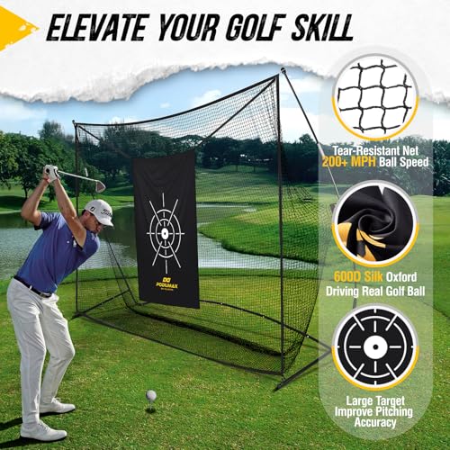 Golf Net, 10x7ft Golf Practice Net with Noise Reduce Silk Target Driving Real Balls, Hitting Nets for Backyard Garage, Improve Chipping Putting Pitching,Gift for Men & Golfers - color: Blcak