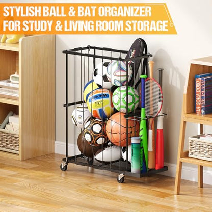 Garage Ball Storage With Baseball & Badminton Holder: Floor Sports Equipment Organizer, Sports Ball Rack With Elastic Rope, Ball Holder for Basketball, Soccer, Volleyball, Football, Garage, Gym, Black - size: Small, style: With Wheels And Bat Holder,Recta