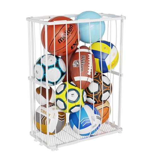 Garage Ball Storage, Wall-Mounted & Floor Ball Holder with Elastic Rope, Sports Equipment Organize Ball Rack for Basketball, Soccer, Volleyball, Football, Garage, Gym, White
