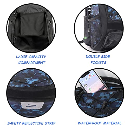 WOLT Youth Baseball Bag - Bat Backpack for Baseball, T-Ball & Softball Equipment & Gear, Bat & Glove Holder, Large Main Compartment for Helmet & accessories, Separate Shoes Compartment, Fence Hook - color: CamoBlue