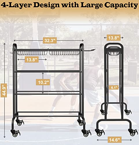 Basketball Racks Holder for Balls with Wheels, Rolling Metal Sports Equipment Storage Stand Organizer with Baskets and Hooks for Basketballs Footballs Volleyball, Black