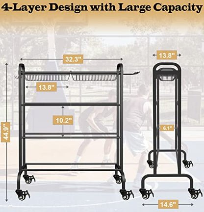 Basketball Racks Holder for Balls with Wheels, Rolling Metal Sports Equipment Storage Stand Organizer with Baskets and Hooks for Basketballs Footballs Volleyball, Black