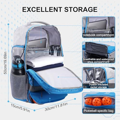 Pickleball Backpack, 3+Paddle Capacity, Pickleball-specific Shockproof Thermal Pockets, Waterproof Shoe Compartment, Wet Dry Separation, Fence Hook, Fits Standard/Extended Paddles - color: Blue