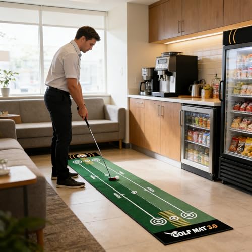 Golf Putting Mat for Indoor Practice, Premium Polyester Surface with Anti-Slip Backing, for True Roll, Works with Real & Foam Balls, Portable Home/Office Training Mat