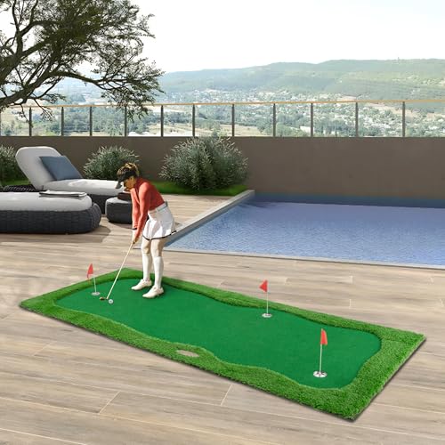 Premium Golf Putting Green Mat for Indoor & Outdoor, 3 Holes with Flags, Realistic Turf & Non-Slip Base, Practice Putting Mat with 6 Balls & Slope Pads - size: 11'10" x 4'11" (L x W)