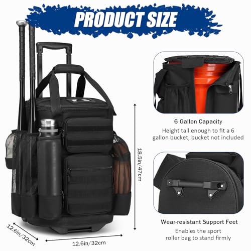 Baseball Bucket Bag with Wheels Baseball Coaching Accessories Organizer Tactical Style Softball Bucket Bag with Multiple Pockets for Bat, Gloves and Other Accessorie