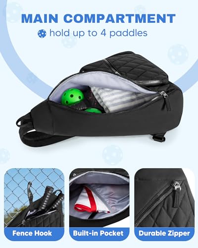 Pickleball Sling Bag for Women and Men, Pickle Ball Paddle Backpack with Fence Hook for Racquetball, Badminton Rackets, Black