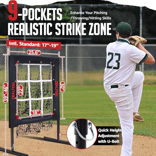 ZEALFEEL Baseball Pitching Net with 9 Hole Target & Strike Zone, 5 Height Adjustable Softball Throwing Trainer, Heavy Duty Portable Pitching Net