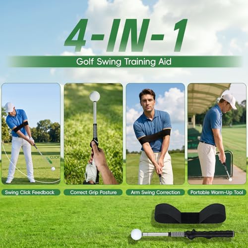 Retractable Golf Swing Trainer & Grip Trainer – Swing Click Feedback Training Aid for Rhythm & Grip Correction(Right Hand), Indoor & Outdoor Practice Trainer with Arm Band for Arm Alignment
