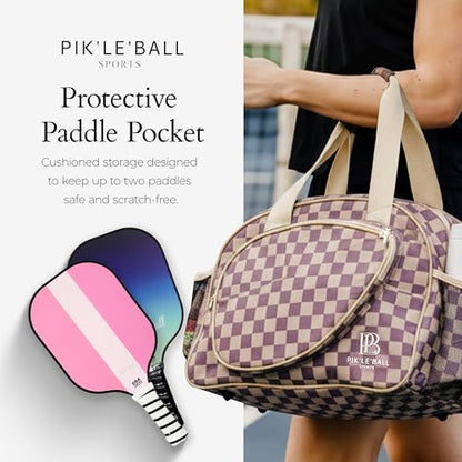 Pik’le’Ball Sport Premium Women's Pickleball Bag – Stylish and Versatile Sports Bag with Water Bottle Holder, Padded Paddle Pocket, and Spacious Design (fits 2+ Paddles!) - color: Checkered Chic Brown