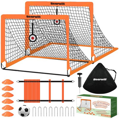 Bearwill Soccer Goal, Kids Soccer Goals for Backyard Set of 2, 4x3ft Portable Soccer Goal Pop Up Soccer Net, Kids Soccer Net Training Equipment with Soccer Ball, Ladder, Cones, Targets - color: Orange
